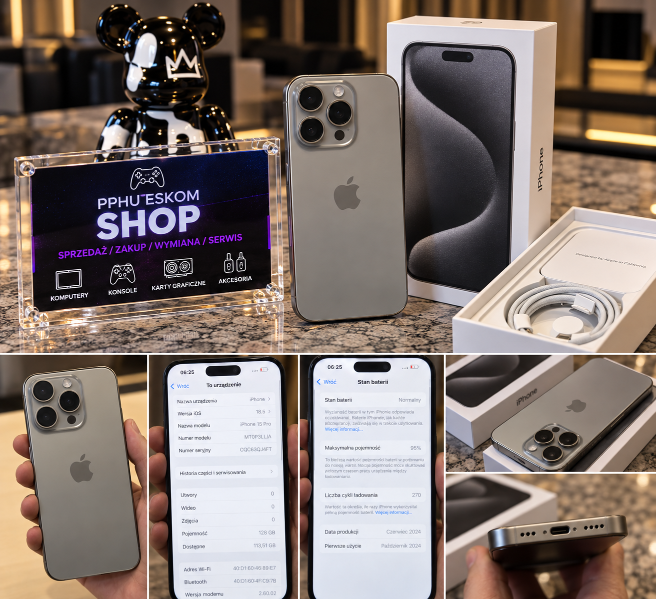 Apple iPhone 15 Pro 128GB Naturalny Tytan – Bateria 95% – Stan idealny